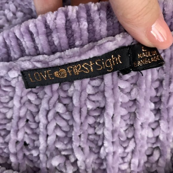 Love at First Sight Chenille Knit Sweater L Purple Dropped Shoulder Ruffle - Picture 6 of 6